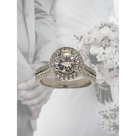 Rhodium Plated Sterling Silver Round Diamond Simulant Solitaire Halo ring S 7.75 - Picture 1 of 8